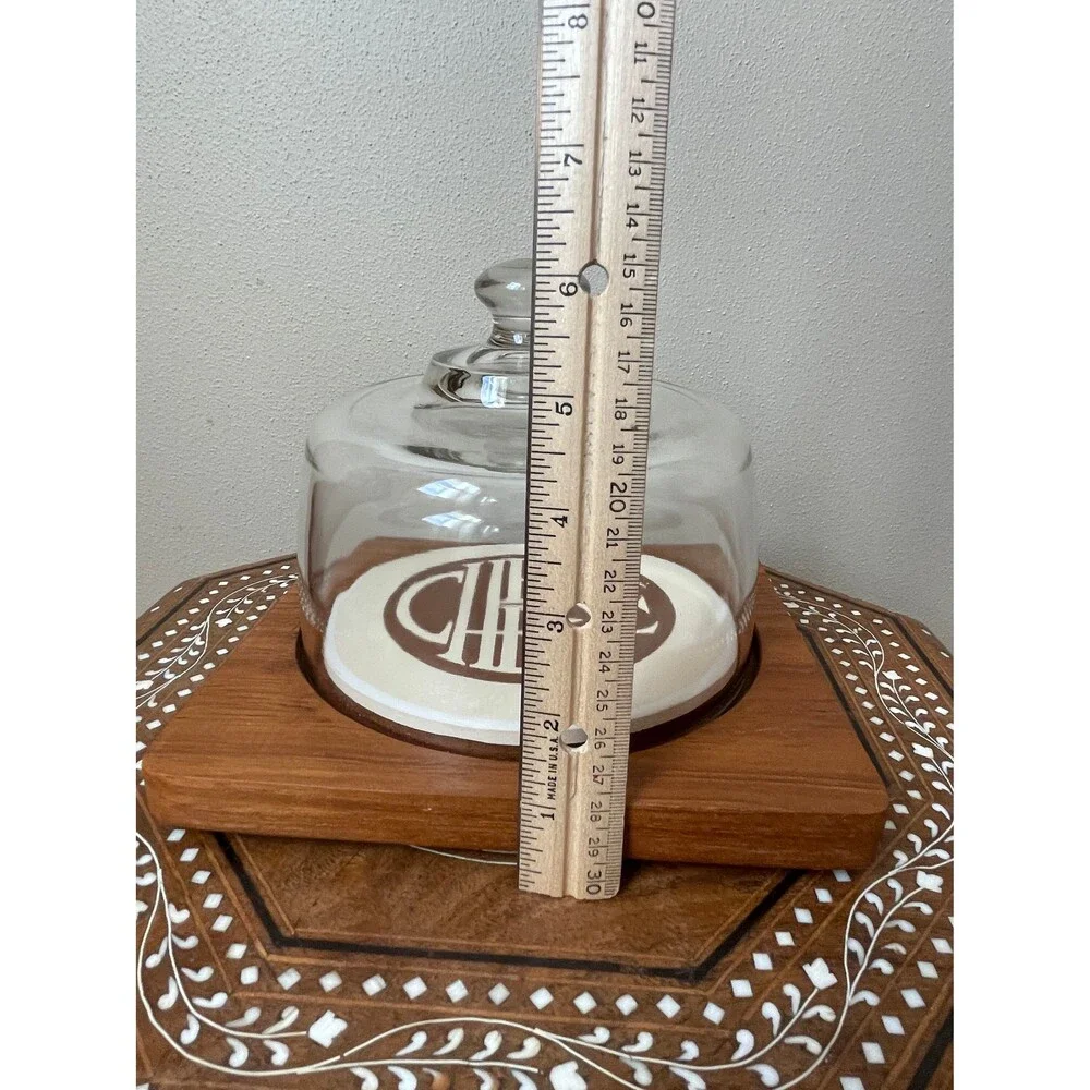 Vintage Teak Wood Ceramic Cheese Board Tray With Cloche Heavy Glass Dome Lid Tha